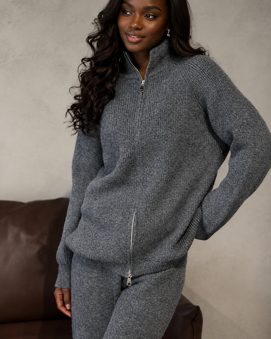 Dark Grey knitted woollen 2pc Zip Sweat Set(Cotton & Wool)