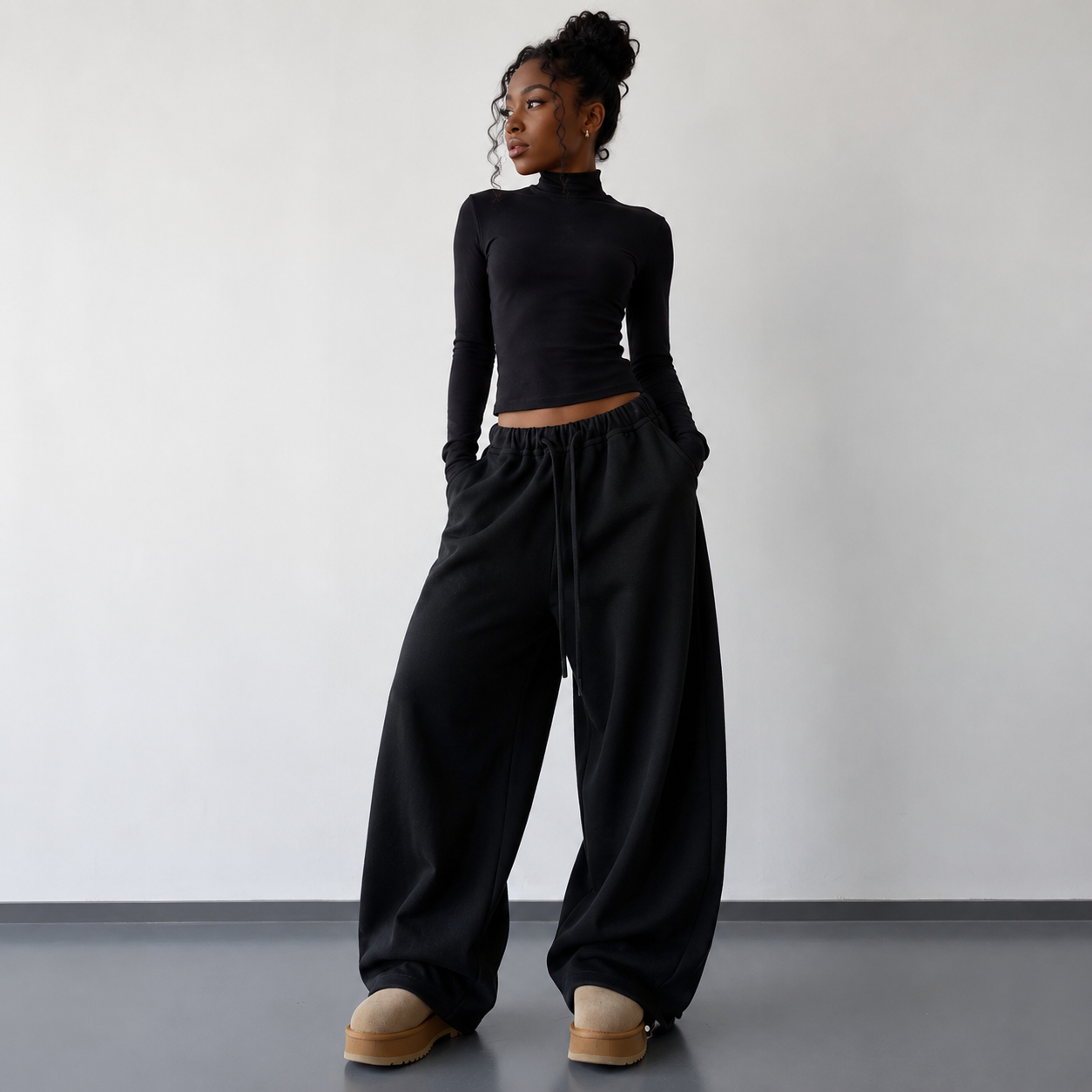 Black Wide-leg Cotton Sweatpant (with drawstring)