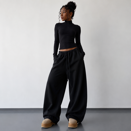 Black Wide-leg Cotton Sweatpant (with drawstring)