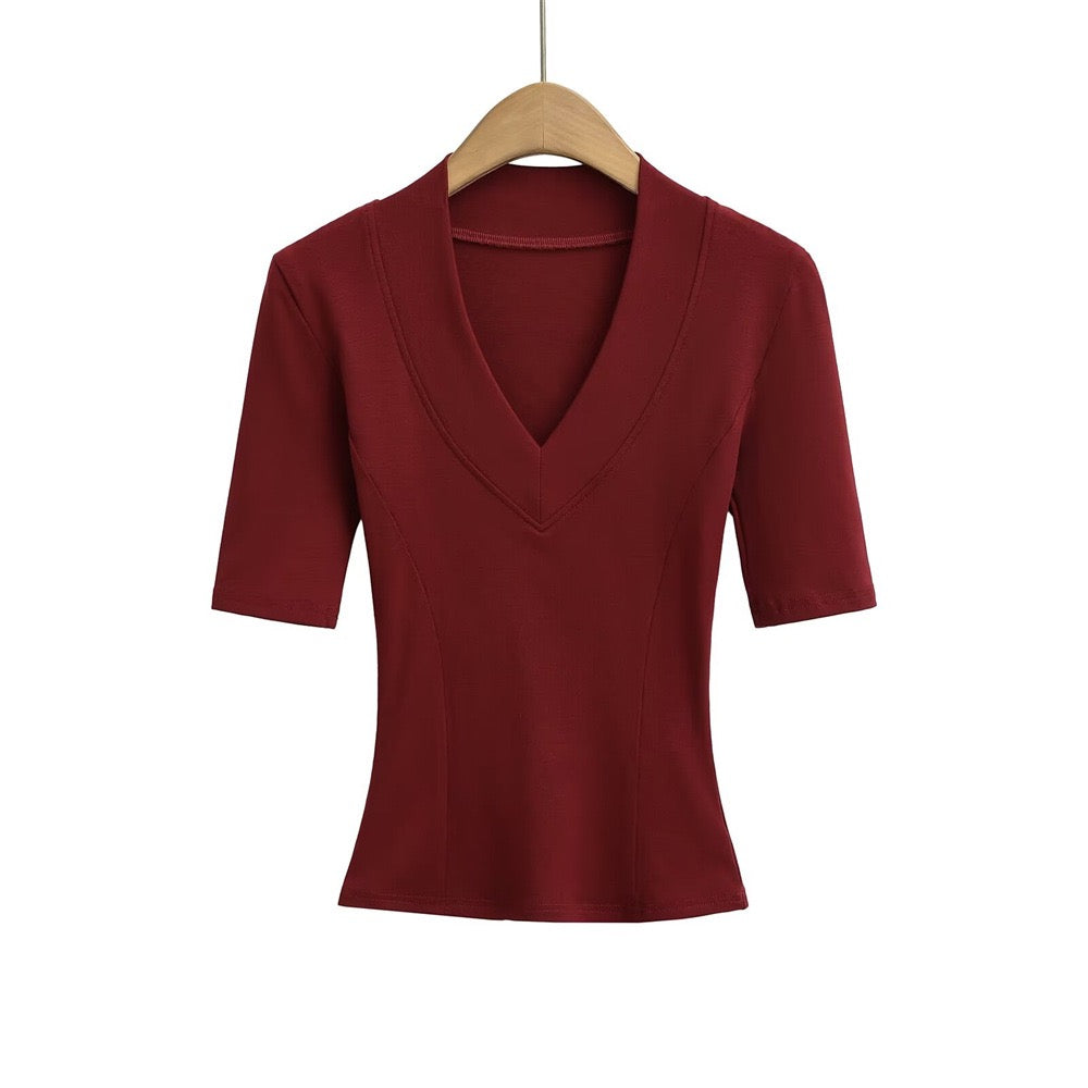 Maroon V-neck Mid-sleeve Compression T-shirt