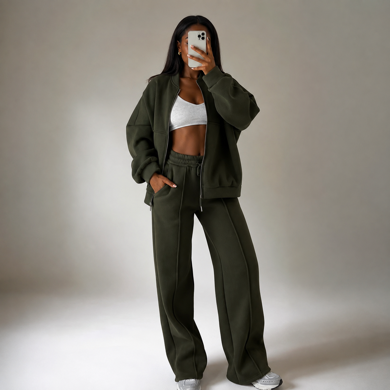Army Green 2pc Zip Set with Pockets (Polyester & Wool)