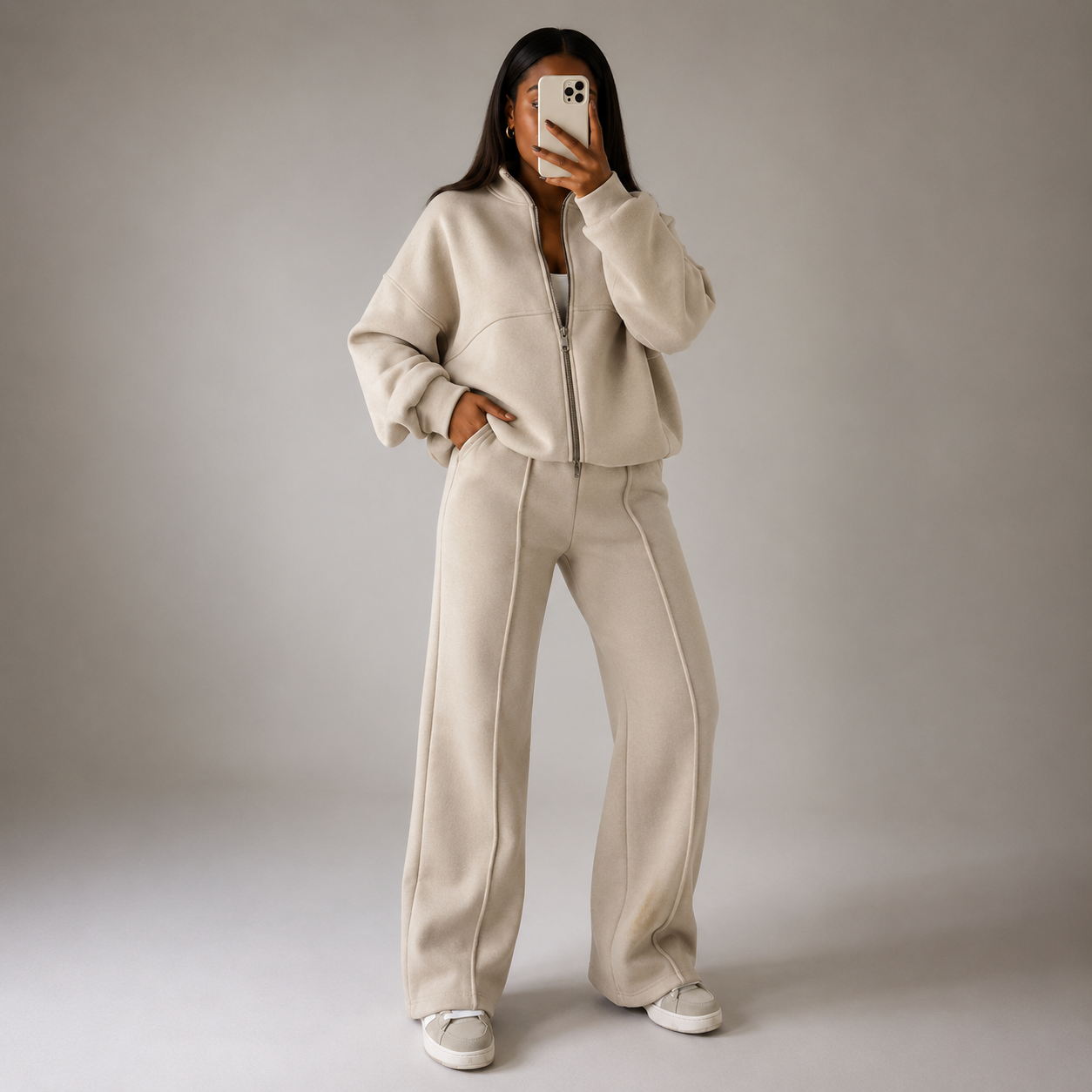 Taupe Grey 2pc Zip Set with Pockets (Polyester & Wool)