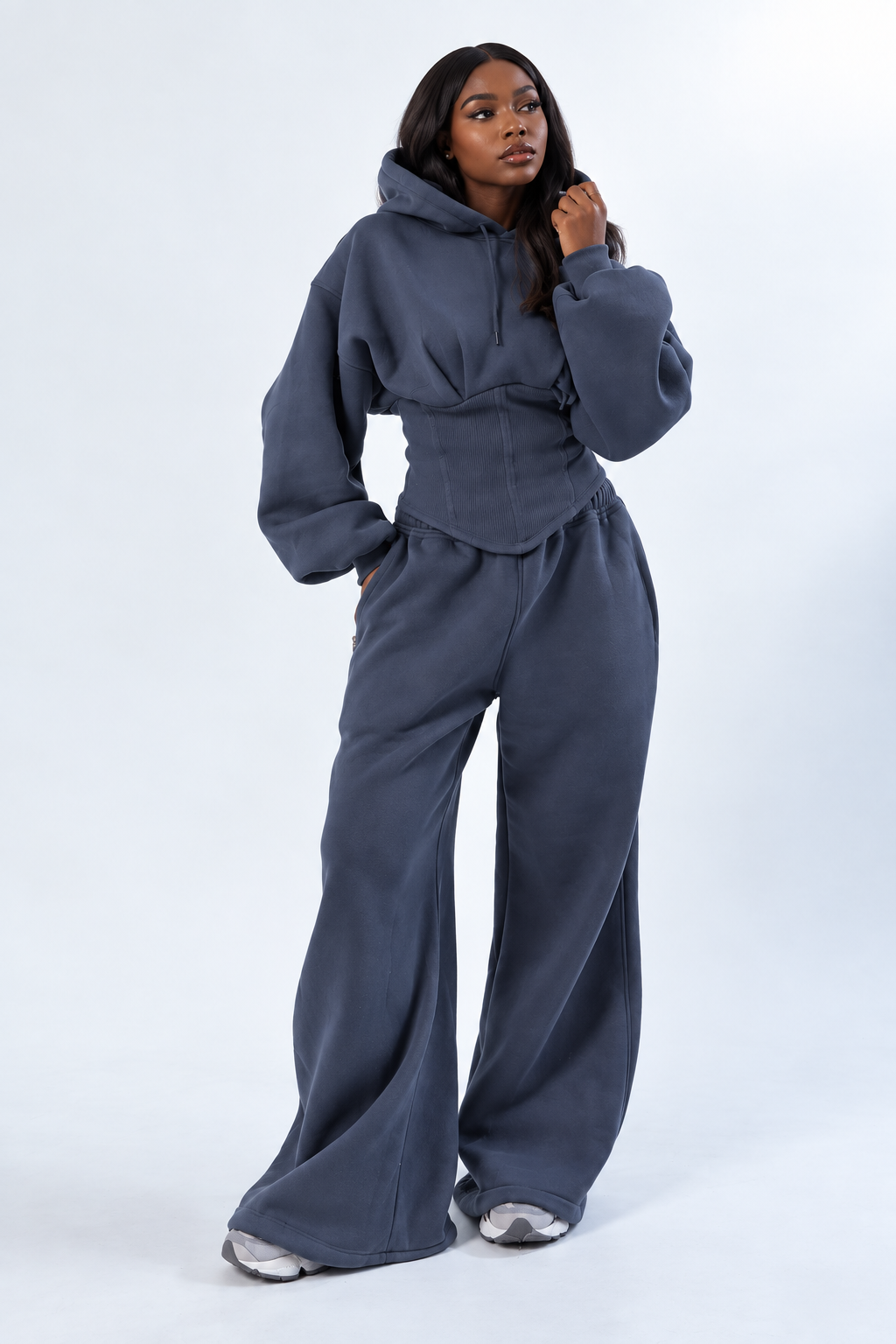 Grey-blue Corset 2pc Hoodie Set(Poly/Wool)
