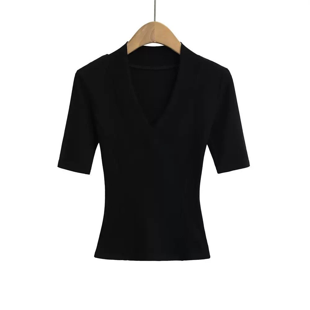 Black V-neck Mid-sleeve Compression T-shirt