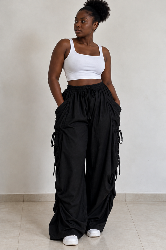 Black Cotton-Linen Harem Pants (Drawstring)
