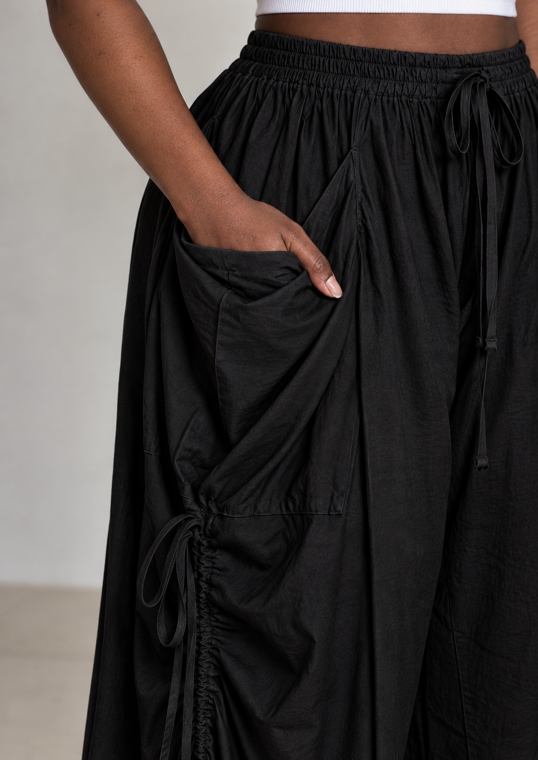 Black Cotton-Linen Harem Pants (Drawstring)