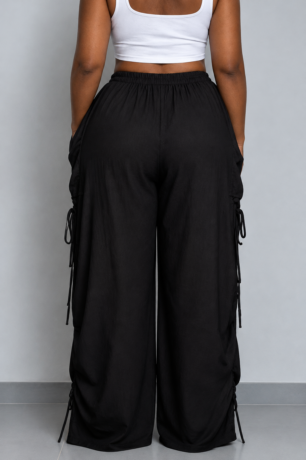 Black Cotton-Linen Harem Pants (Drawstring)